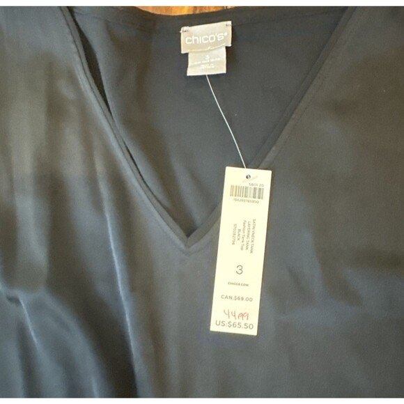 NEW Chicos tank Sleeveless Top size 3 women XL satin layer vneck Black - Picture 3 of 4